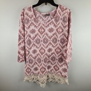 New Directions Weekend Pink Aztec Print Crochet Lace Hem Knit Top XL Women